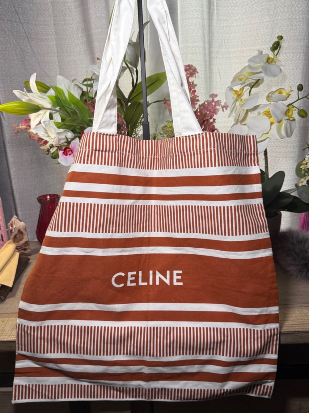 NWT Celine Rust and White Striped Canvas Tote